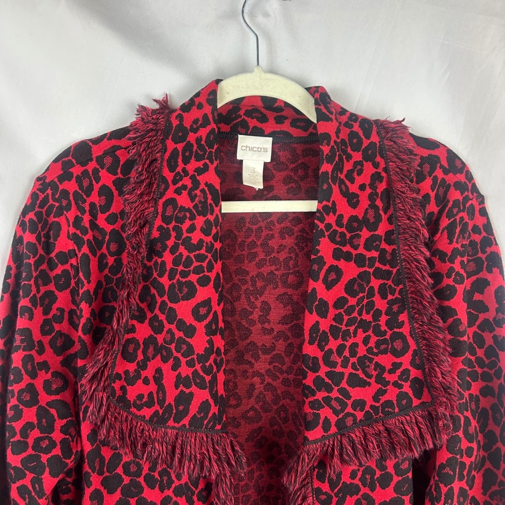 Chico's Red Black Leopard Cheetah Print Fringe Cardigan Sweater Size 3 XL Wool - Picture 3 of 7